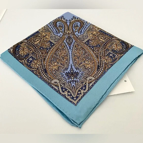 Persian Silk Paisley Pocket Square New by Robert Graham Blue and Gold - Picture 3 of 7